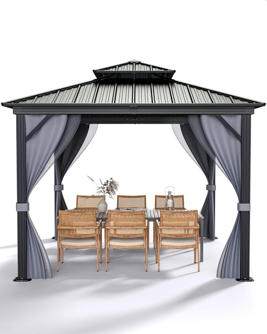 GarveeLife Hardtop Gazebo 10 ft x10 ft for All Weather, with Double Metal Roof, Aluminum Alloy Frame, Net, and Curtain, Permanent Building for Patio, Deck, Backyard, Lawn, and Garden (Gray)