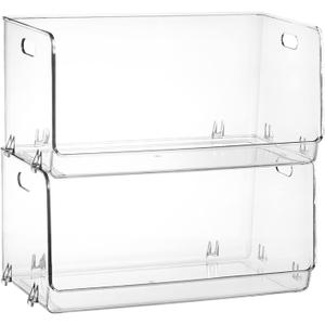 Nicunom 2 Pack Stackable Plastic Storage Bins Open Front, Clear Pantry Organizer Bin Household Food Storage Bin for Kitchen Countertops Cabinet Shelf Fridge