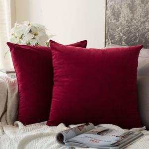 MIULEE Pack of 2 Velvet Soft Solid Decorative Throw Pillow Covers Burgundy Pillowcases for Sofa Bedroom Couch Car,18x18 Inch Wine Red