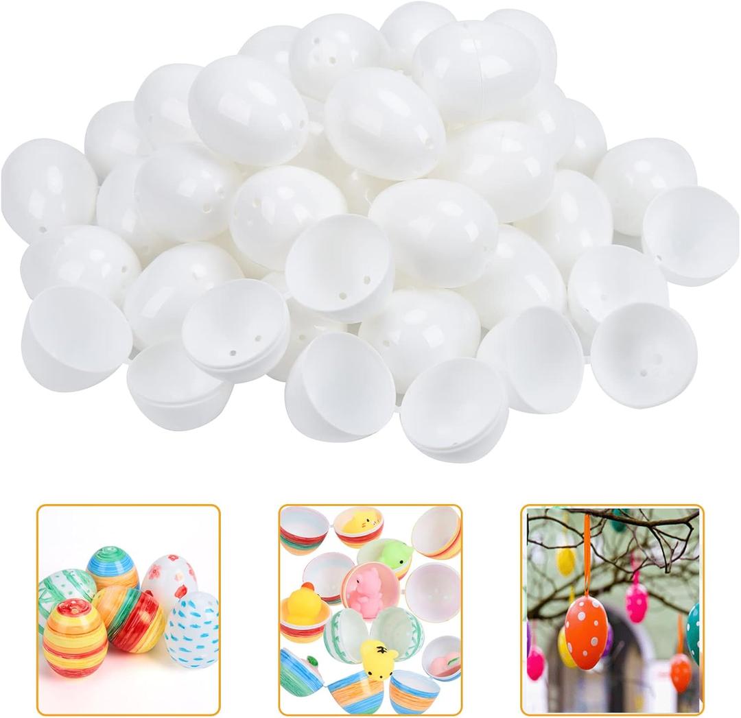 50 Pcs Easter Eggs White Blank Plastic Eggs, Paintable DIY Creative Decoration Eggs for Party Favors, Artificial Fake Eggs for Easter Hunts Basket Fillers Easter Gift (Easter Eggs)