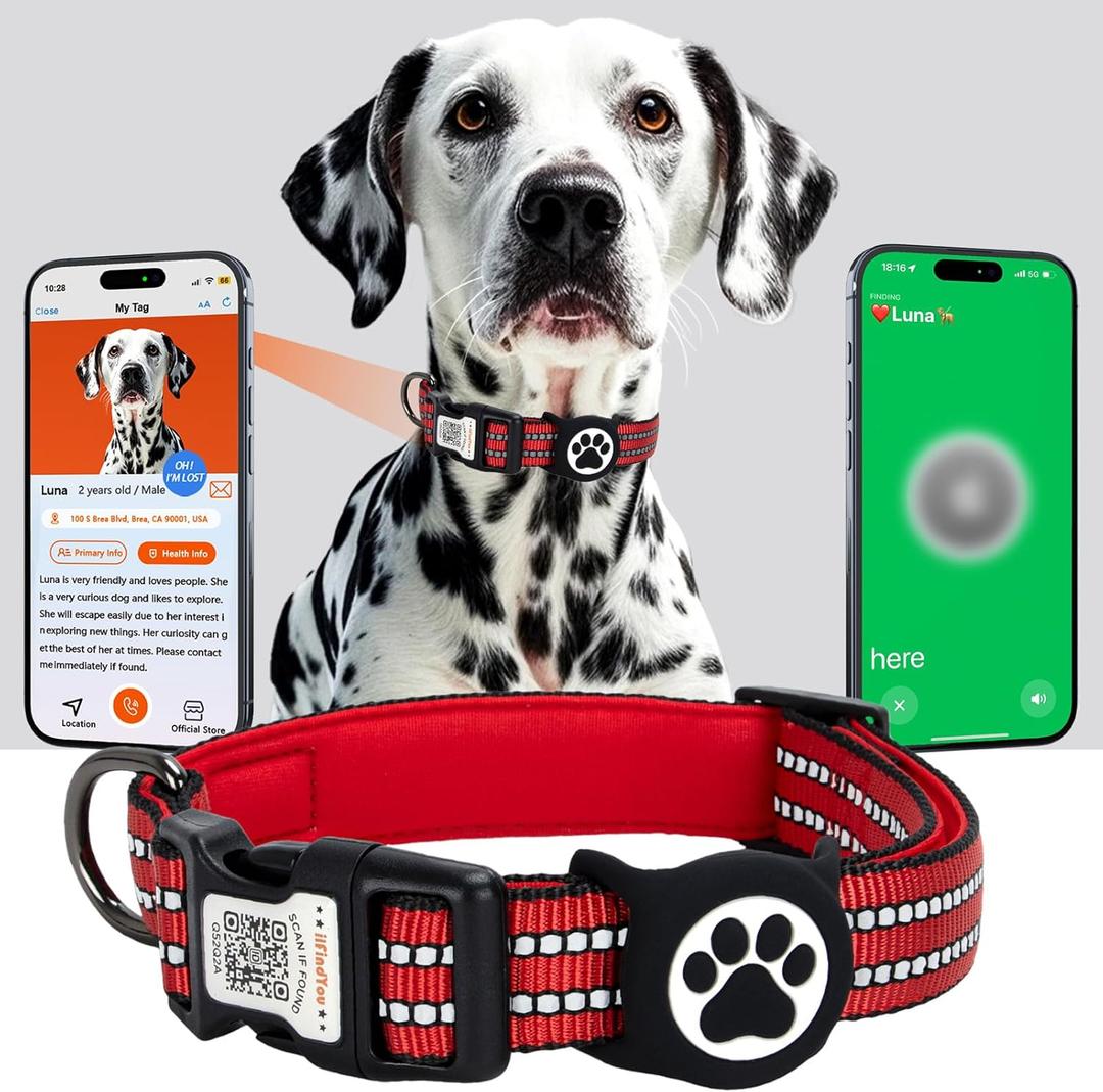 AirTag Dog Collar, IP69 Waterproof Apple AirTag Holder for Reflective Dog Collar, QR Code Personalized Dog Tags (Red, Medium)