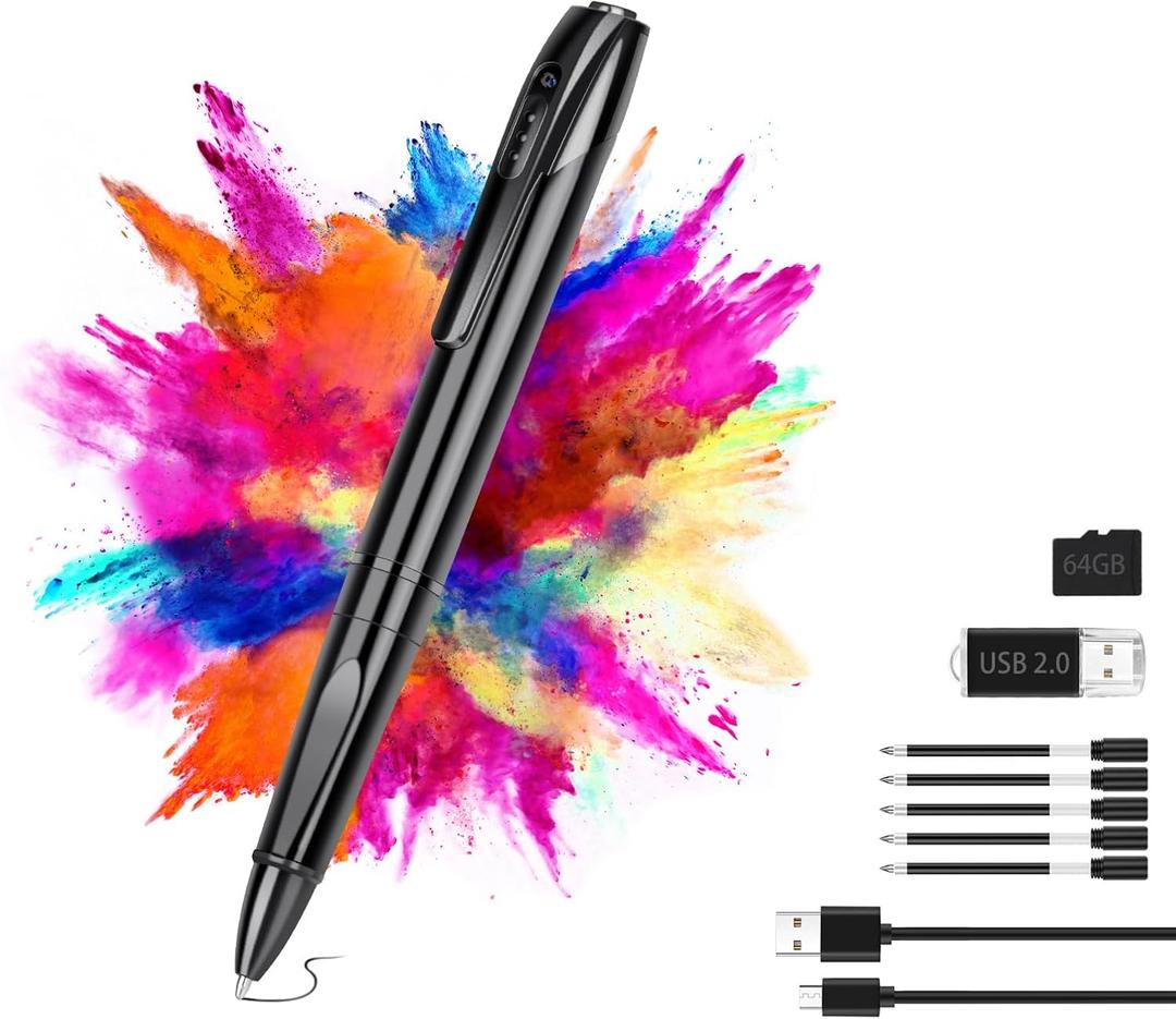 Multi-Function Camera Pen, 1080P HD Mini Camera with 64GB Card, Long Battery Life, USB Data Transfer, Includes 5 Refills (Premium Black)