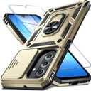 Janmitta Compatible with Samsung Galaxy A17 5G Case Built in Slide Camera Lens Cover+Screen Protector+Finger Ring Holder Kickstand,Heavy Duty Shockproof Full Body Phone Cover,Gold
