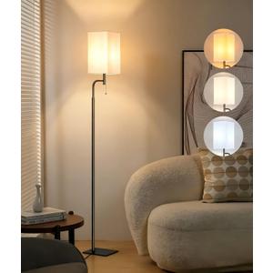 Modern Floor Lamp with 3 Color Temperatures, Square Linen Shade & Solid Iron Flat Base for Stability - Perfect for Compact Spaces Under Sofas or Behind Sectionals, Living Room, Bedroom, Office (White)