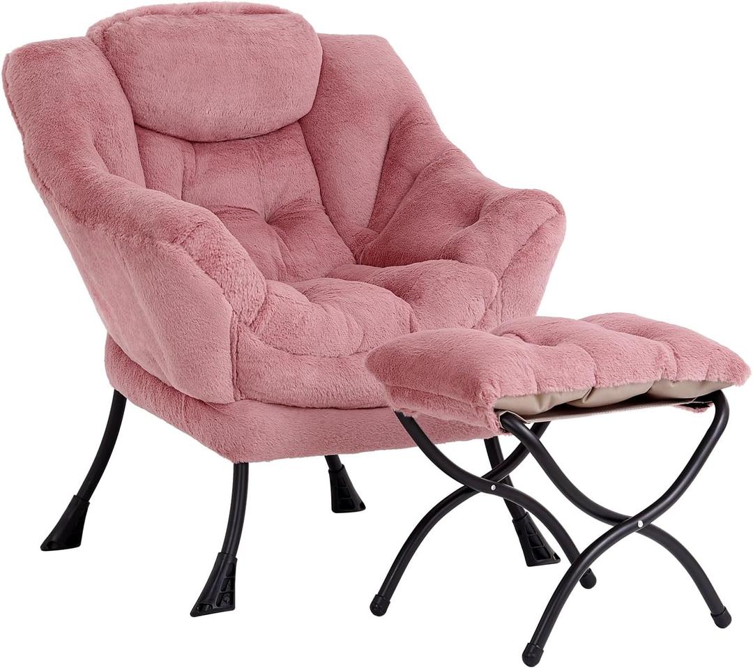 LITA Lazy Chair with Ottoman, Modern Accent Leisure Upholstered Sofa Chair, Lounge Reading Chair with Armrests and a Side Pocket for Living Room, Bedroom & Small Space, Plush Dark Pink