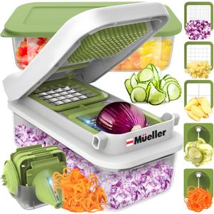 Mueller Pro-Series V Blade Veggie Chopper, Egg Slicer, Spiralizer, Dicer, Cutter, Food Chopper, Gifts for Mom, Kitchen Accessories & Kitchen Essentials with Food Container and Lid White Sand/Green (5 Blade)