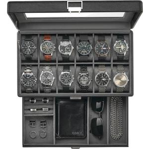 ProCase Watch Box for Men, Jewelry Organizer Box with Drawer, Display Storage Case with Glass Lid -Black, 12 Slot