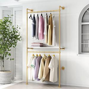 DR.IRON Gold Pipe Clothing Racks with Shelves, Wall Mounted Heavy Duty Gold Clothes Rack with Double Hanging Rods for Hanging Clothes, Laundry Room