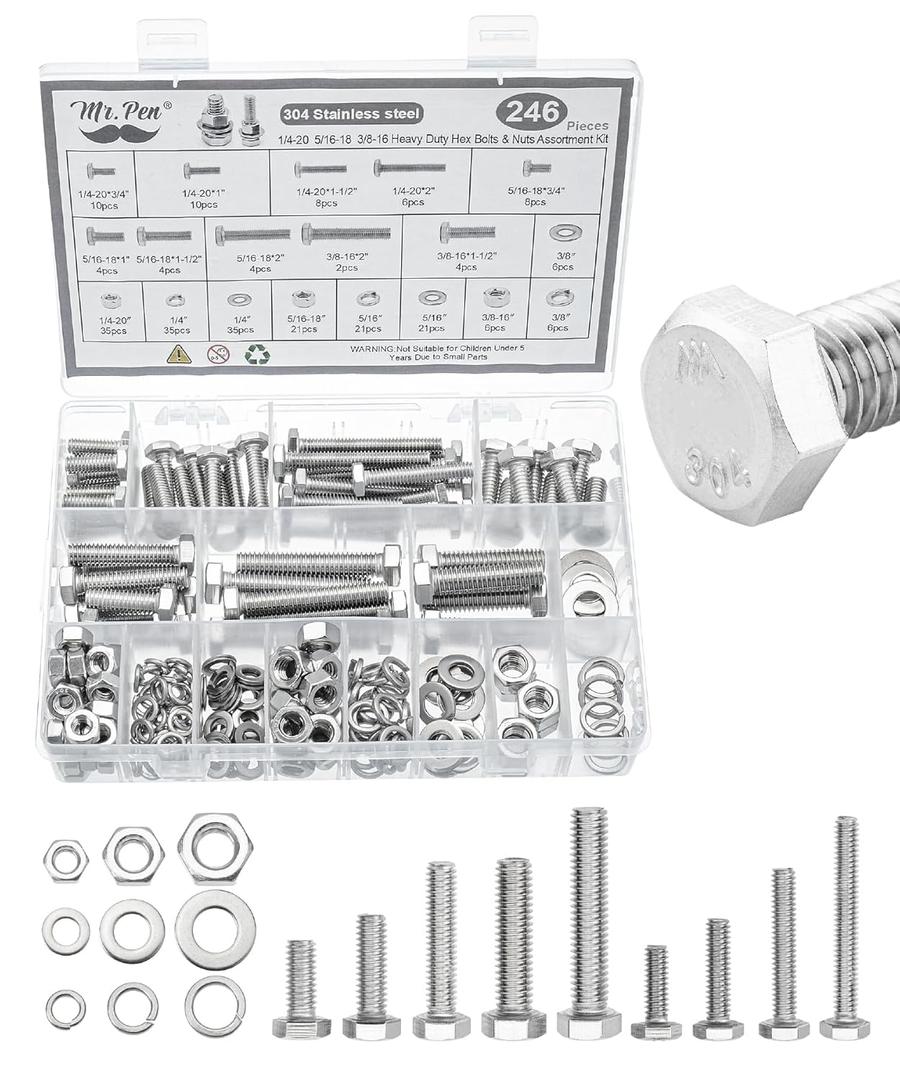 Mr. Pen- Hex Head Nuts and Bolts Assortment Kit, 246 pcs, Stainless Steel, #1/4"-20, #5/16"-18, #3/8"-16, Assorted Nuts and Bolts, Heavy Duty Screw Assortment Kit with Clear Storage Box