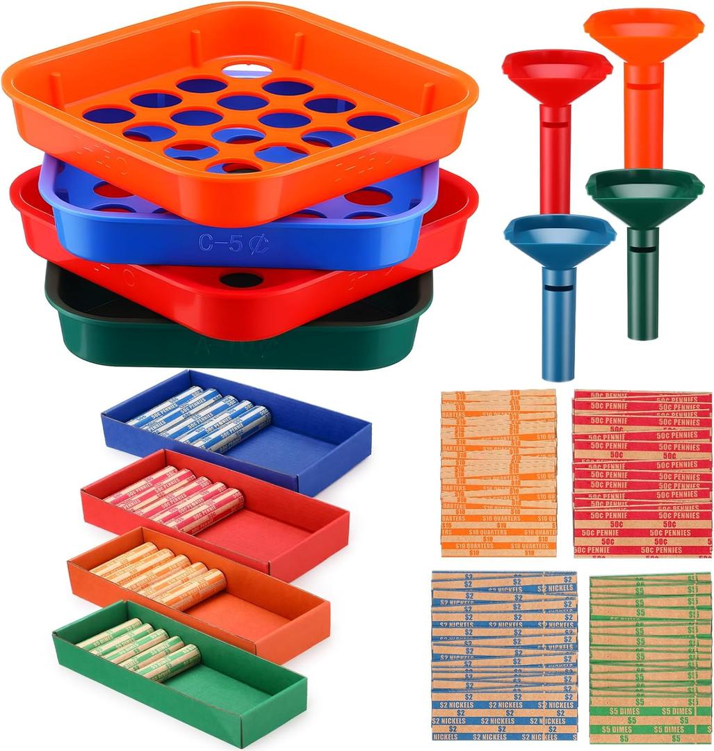 Maitys Coin Sorter Tray & Coin Sorter Tube, 4 Color Coded Coins Separator Trays and Sorters Tubes Bundle with 100 Pcs Assorted Coins Wrappers Rolls and 4 Trays