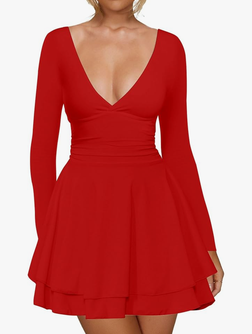 Kaximil Women's Sexy Long Sleeve V Neck Mini Dress Ruched A Line Flowy Cocktail Party Short Dresses, Small