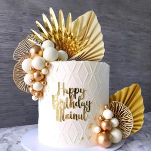 LaVenty Champagne Rose Cake Decoration White Gold Balls Cake Decoration Gold Palm Leaves Cake Decoration Boho Bohemian Cake Topper Boho Party Supplies