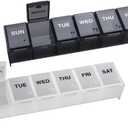 EZY DOSE Weekly (7-Day) Daily Pill Organizer, Vitamin Planner, and Medicine Container, Large Compartments, Easy to Open, Travel Friendly, Includes One Black and One White (2 Pack), Made in The USA (Large 6"x1.3"x0.9")