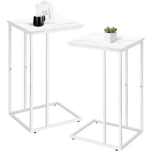 C Shaped End Table Set of 2 for Sofa and Bed, Slide Under Couch Tables, Side Table With Faux Marble Top, Small Under Table Tray for Living Room, Bedroom, White