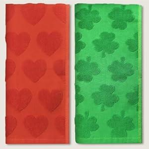 2 Pcs Valentine’s Day St Patricks Day Hand Towels, 3D Jacquard Heart Shamrock Cotton Bathroom Towels 29.5 x 13.7 Inch Red Green Decorative Towels for Bath, Kitchen, Cleaning, Drying (Red, Green)