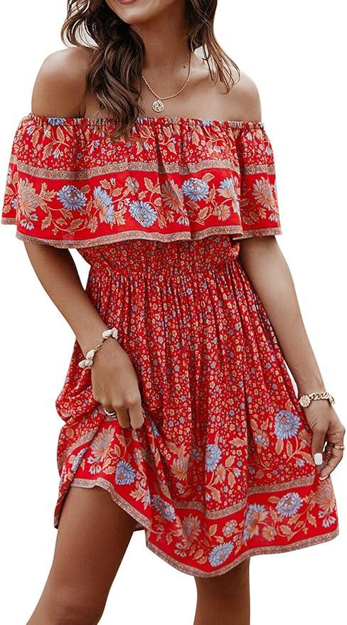 Off Shoulder Boho Floral Swing Mini Dress Summer Strapless Pleated Short Dress  (Large)