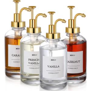 Coffee Bar Accessories, Coffee Syrup Dispenser - 4pack,16.9oz Syrup Dispenser with Labels,Syrup Pump Dispenser for Coffee Bar(Gold Pump)
