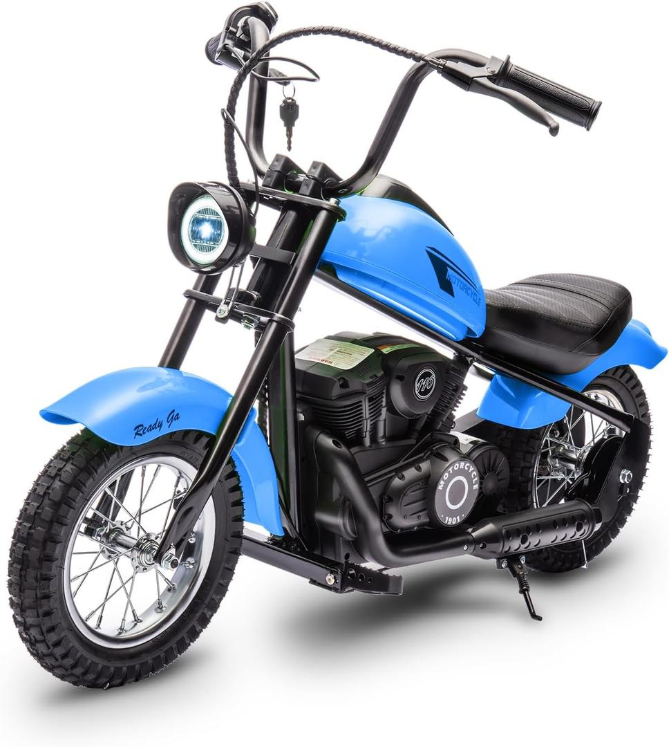 Garveelife Electric Dirt Bike, 15 Mph & 150 LB Max, 24V Ride On Toy for Big Kids w/Led Lights & Power Display, 300W Chain-Driven Motor, Two Speed, Handbrake, Leather Seat, 12 in Air-Filled Tires, Blue, Medium
