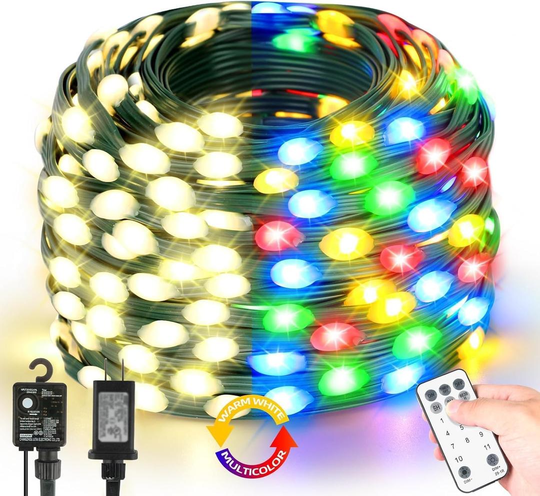 Tcamp Christmas Tree Lights, 306FT 1000 LED Color Changing Christmas Lights with Remote Memory Timer, 11 Modes Green Wire Plug in String Light for Outdoor Indoor Decor (Warm White+Colored)