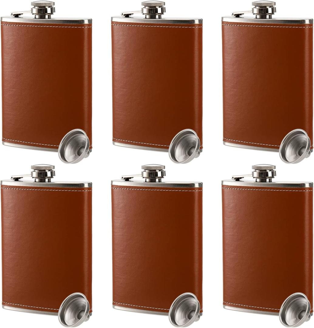 Suwimut 6 Pack Hip Flask for Liquor for Men Women, 8 oz Leak Proof Stainless Steel Pocket Hip Flask with Brown Leather Cover and Funnel for Drinking of Alcohol, Whiskey, Rum and Vodka