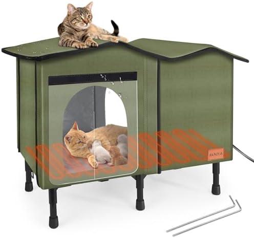 Heated Outdoor Cat House for Winter, Weatherproof Insulated Oxford Cloth & Elevated Large Outdoor Feral Cat House with Pet Heating Pad Bed, Outside Cat House for Stray Barn Cats（Green）