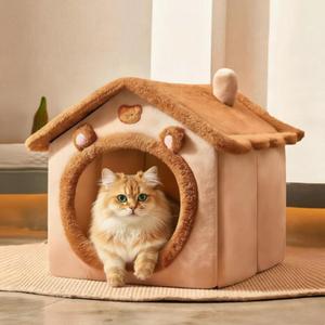 Cat Bed Cave, Cute Bear Shape Cat Beds for Indoor Cats, Pet House Cats Tent with Removable Cushion Pillow for Kittens Puppy Small Dogs (Brown-L, 20.4 * 16.9 * 19.6 In)