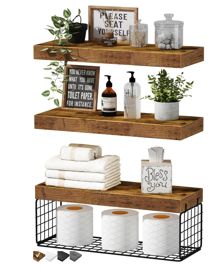 QEEIG Bathroom Shelves Over Toilet  Wall Mounted Floating Shelves Toilet Paper Storage Small Farmhouse Decor Shelf 16 inch Set of 3, Rustic Brown (019BN3)