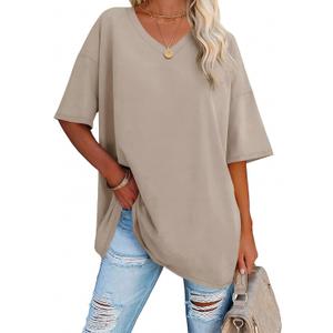 Ebifin Womens Oversized Tshirts V Neck Tee Shirts Half Sleeve Loose Fit T Shirt Cotton Tunic Tops 2024 (Medium, 01-khaki)