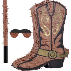 Deekin 3 Pcs Cowboy Boot Piata Set Cute Western Piata with Stick Eye Mask for Kids School Sports Bridal Shower Birthday Party Decorations Supplies