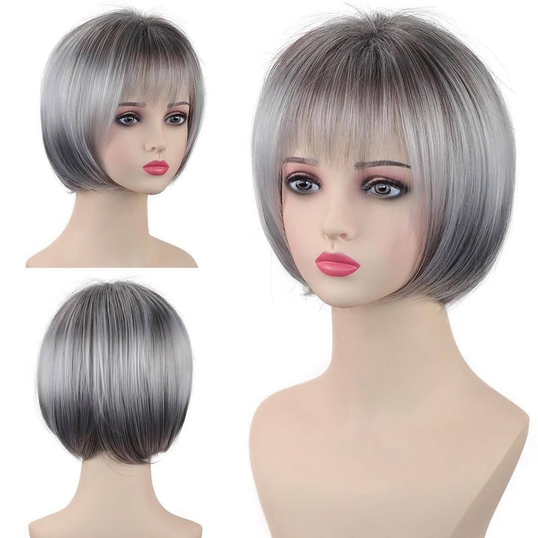 TISHINING Short Gray Bob Wig with Bangs for White Women 10 Inch Layered Mix Grey Straight Bob Wig Chin Length Salt and Pepper Wigs for Women Synthetic Natural Looking Daily Party Wig