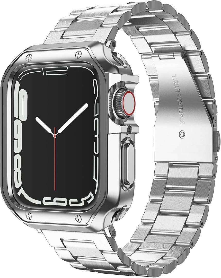 Compatible with Apple Watch Band and Case, Stainless Steel Metal Chain with Soft TPU Cover, Smart-Watch Link Bracelet Strap, Wrist-Band for i-Watch Series 9 8 7 6 5 4 3 2 1 SE, 45mm 44mm 42mm, Silver