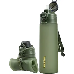 TakeToday Collapsible Water Bottles 20oz, Leak Proof, BPA-Free, Foldable Silicone Travel Water Bottle with Straw Strap for Cycling, Hiking, Outdoors, Green