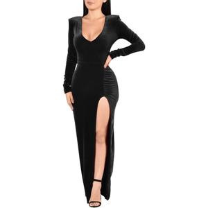 ZileZile Women's Sexy Bodycon Long Sleeve Deep V Neck High Slit Cocktail Party Maxi Dresses (Black), M