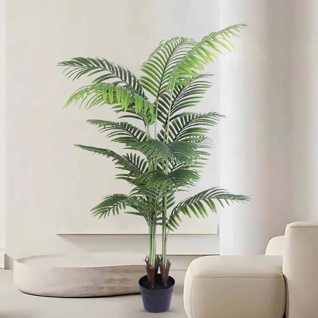 Artificial Palm Tree 5FT Fake Plants with Black Planter Tall Fake Palm Tree Potted Faux Tropical Floor Plant for Home Office Living Room Decor
