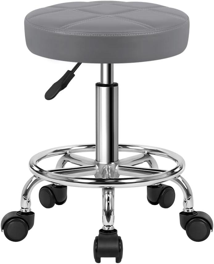 KKTONER Round Rolling Stool Chair PU Leather Height Adjustable Swivel Drafting Work SPA Shop Salon Stools with Wheels Office Chair Small (Gray) (Grey)