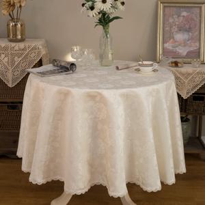 GLORY SEASON Round Tablecloth Waterproof Spillproof Lace Trim Table Cloth for Wedding Kitchen Dinning Tabletop Decoration,Table Cover for Outdoor and Indoor, 90 Inch Round, Ivory White