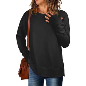 ANRABESS Sweatshirts for Women 2025 Fall Long Sleeve Shirts Oversized Crewneck Lightweight Side Split Casual Pullover Tops (Black, M)