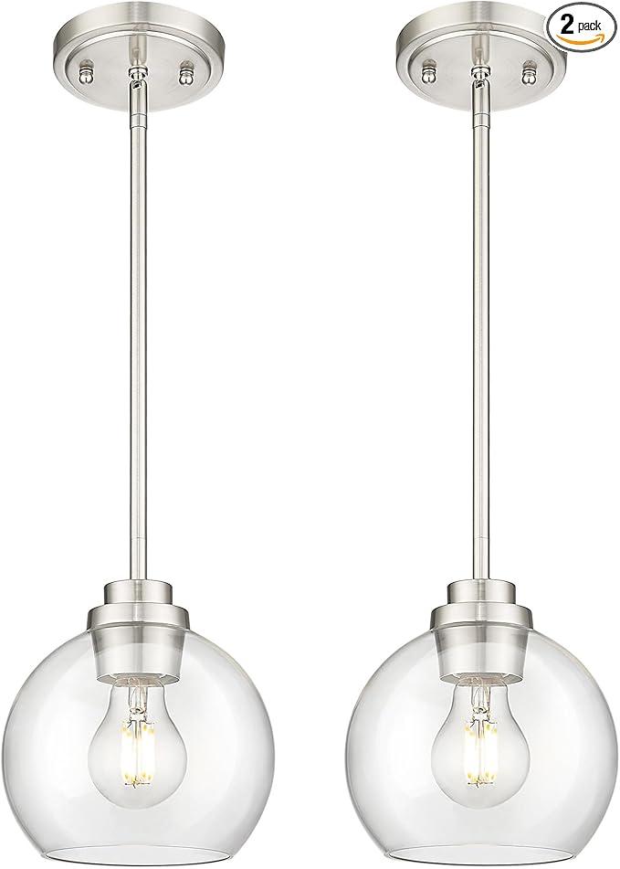 Audickic Pendant Lights Kitchen Island 2 Pack, 7" Modern Brushed Nickel Hanging Lights Fixtures with Clear Glass Globe Shade, Kitchen Island Lighting for Bathroom, AD222801P2SNC