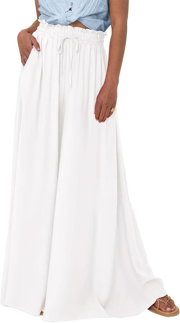BTFBM Women Casual High Waist Wide Leg Pants 2026 Spring Summer Long Palazzo Pants Pocket Lounge Beach Vacation Clothes (Large, Solid White)