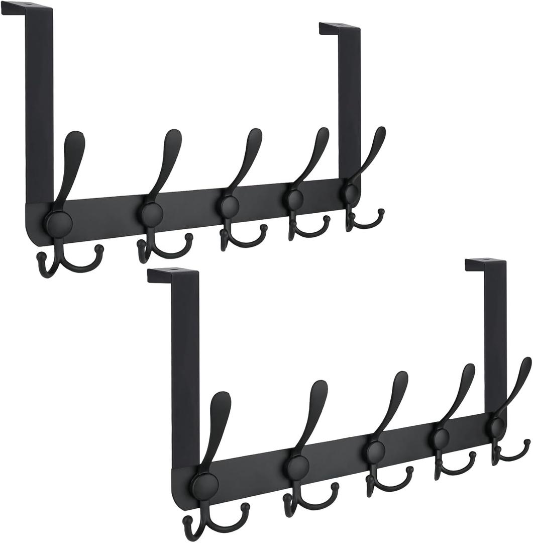 TICONN Over The Door Hooks, 5 Heavy Duty Tri Coat Rack All Metal Coat Hanger for Bathroom Bedroom Dorm (Matte Black, 2PK, Fit 1-3/4" Doors)