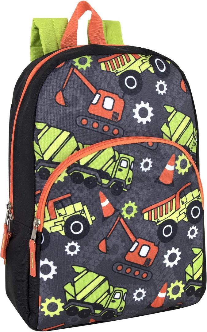 Trail maker Kids Character Backpacks for Boys & Girls (15) with Adjustable, Padded Back Straps (Trucks)