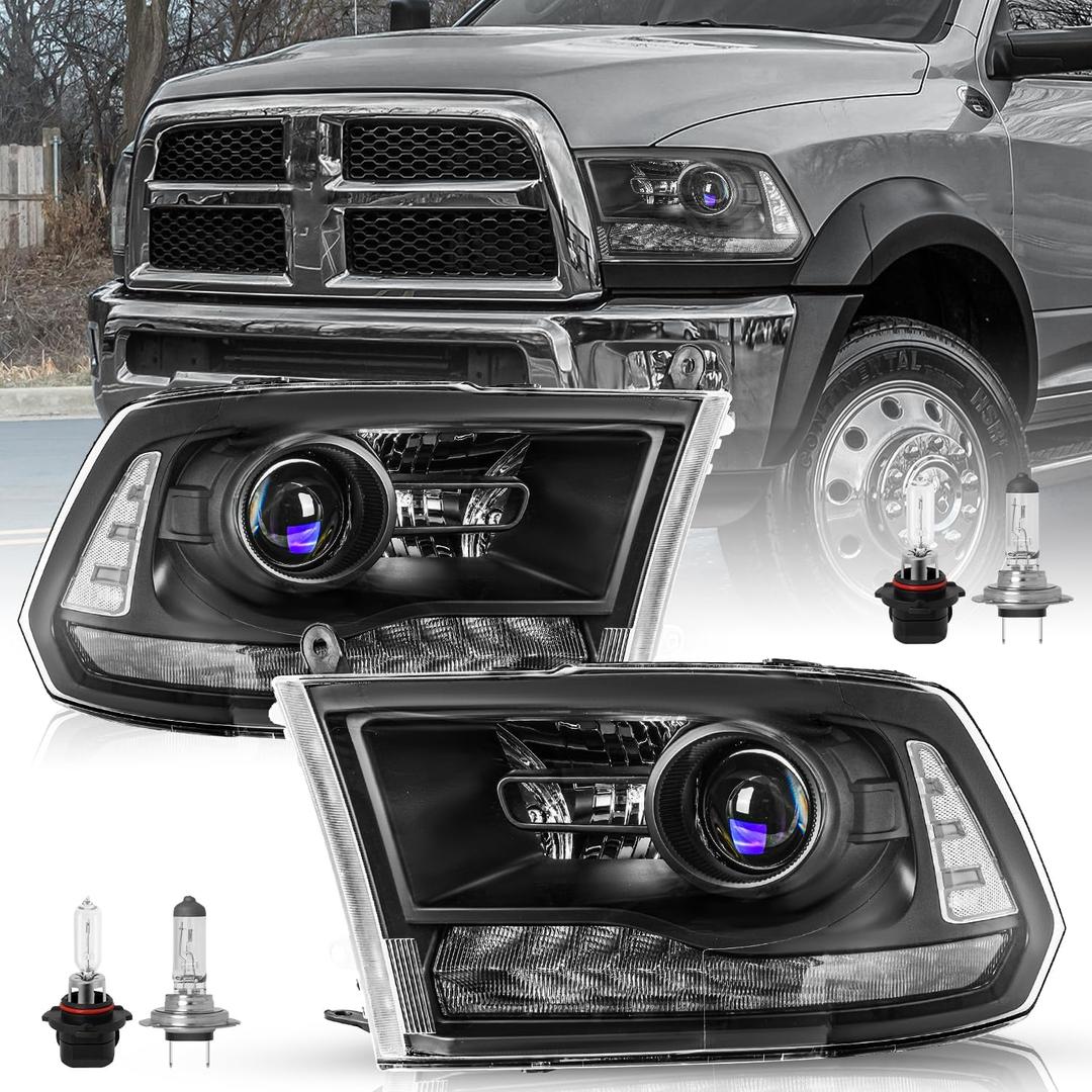 Factory Projector Headlights Assembly Fit for 2013-2018 Dodge Ram 1500 2500 3500, OE Style Replacement Halogen Headlamp with LED DRL Black Housing with Clear Reflector