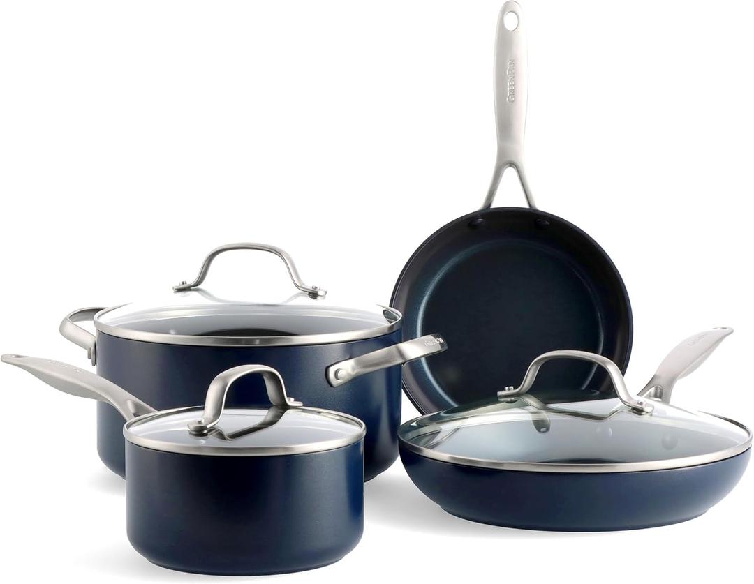 GreenPan Valencia Pro Hard Anodized Healthy Ceramic Nonstick 7 Piece Cookware Pots and Pans Set, PFAS-Free, Induction, Dishwasher Safe, Oven Safe, Blue