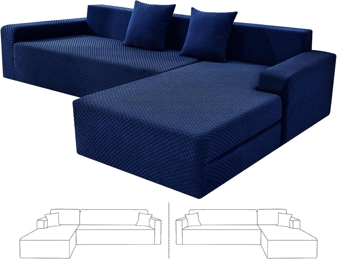 ZNSAYOTX Sectional Couch Covers, Stretch Jacquard Slipcovers with Elastic Bottom for L-Shape Sectional Sofa, 2 Pcs Pet Friendly Modular Sofa Protector (3 Seat Couch + 2 Seat Chaise, Navy Blue)