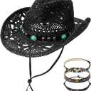 Urradia Black Straw Cowboy Hat Womens Cowboy Hats Western Cowgirl Hats for Men with Decorative Bands & Plastic Hat Shaper Insert Wide Brim Vintage Men Woven Sun Hat for Travel Beach Festival Party