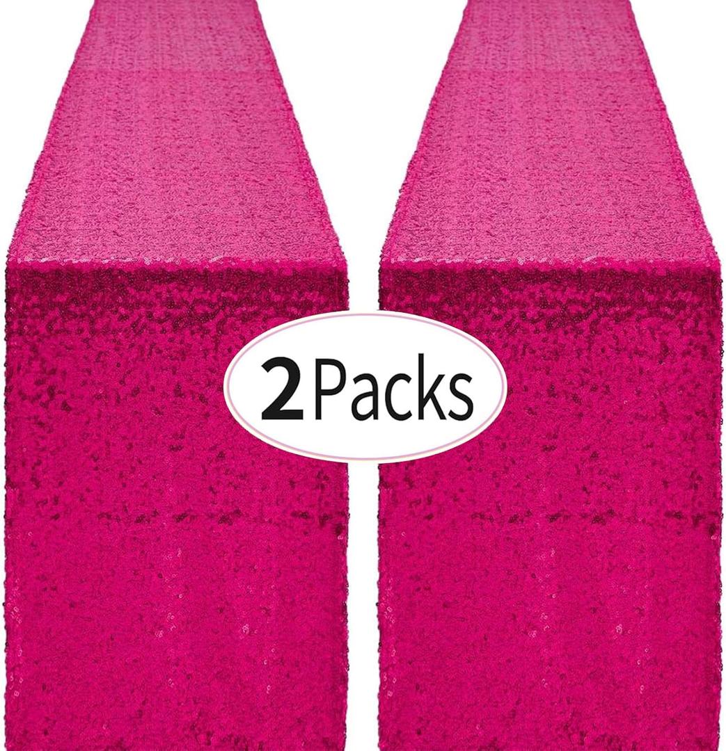2 Packs 12 x 72 inches Hot Pink Sequin Table Runner, Glitter Fuchsia Runner for Birthday Party Supplies Decorations Wedding Bachelorette Holiday Celebration Bridal Shower Baby Shower