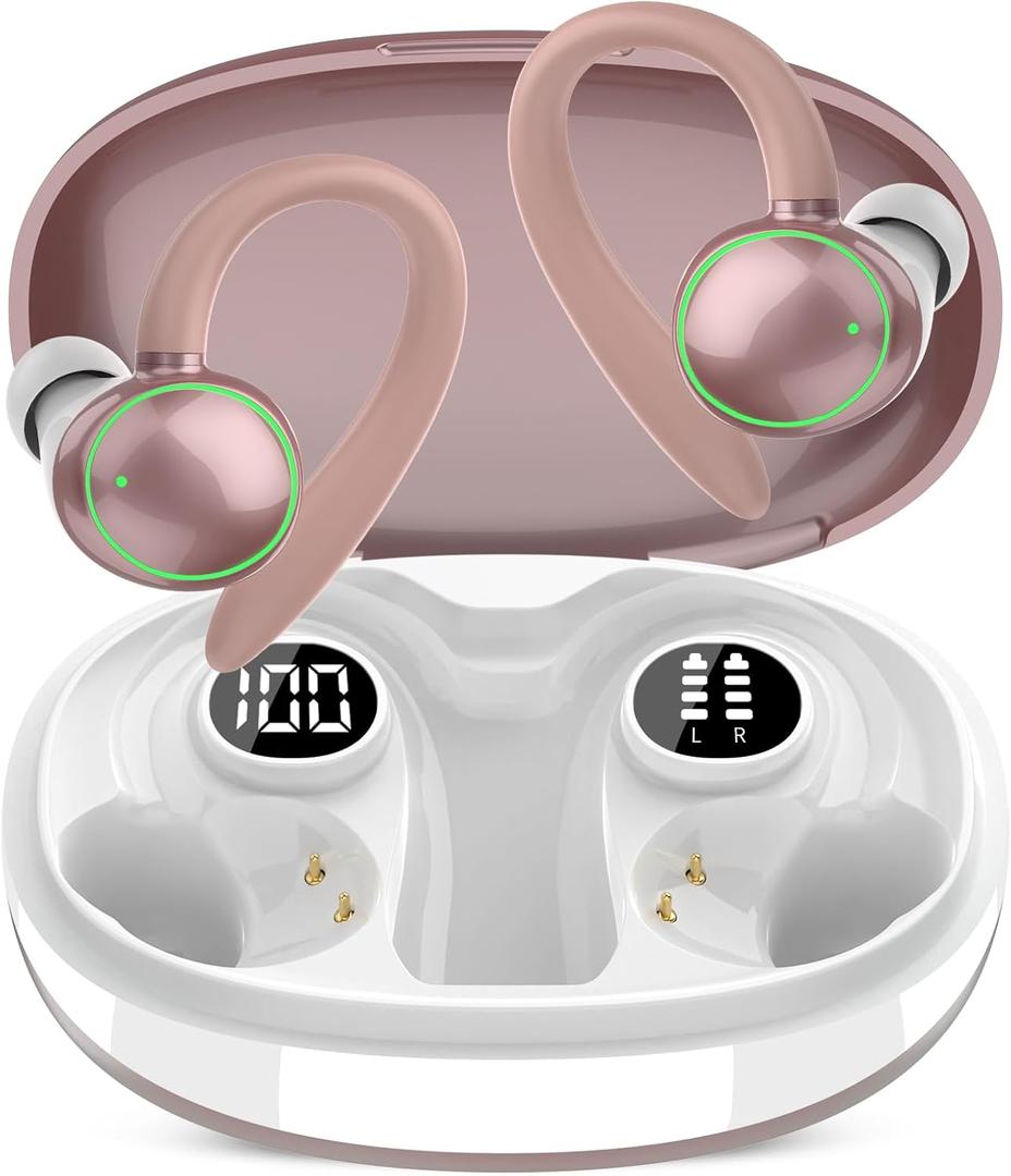 PEFUPEW Wireless Earbuds, Bluetooth 5.4 Headphones Sport, Over Ear Buds with ENC Noise Cancelling Mic, 48H, Wireless Earphone with Earhooks, Stereo Deep Bass, Rose Gold