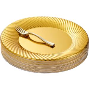 N9R 60pcs Gold Plastic Dessert Plates with Mini Forks, Include 30pcs Disposable Dessert Plates 7 inch, 30pcs Gold Appetizer Forks 3.94 inch, Premium and Comfortable for Wedding Birthday Party