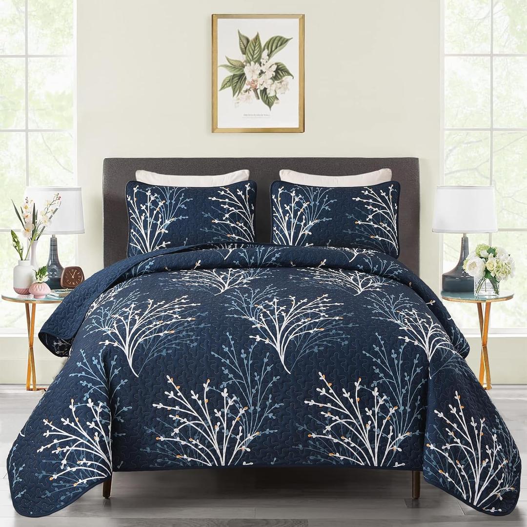 Navy King Size Quilt Set Branch Botanical Pattern Bedspread Coverlet Set, 3 Pieces Navy Blue Tree Floral Quilt Bedding Set, Soft Lightweight Microfiber Reversible Bed Cover for All Season, 96''x90''