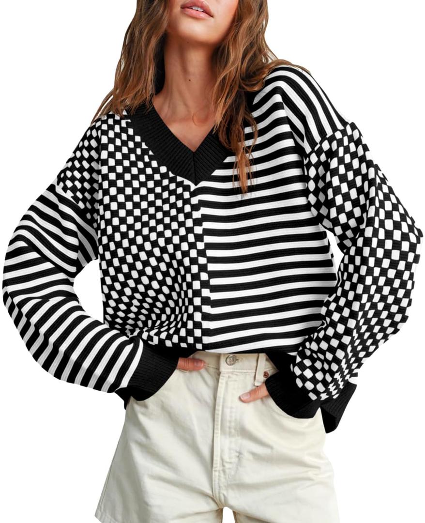 Women's Sweater Pullover Tops Knit V Neck Striped Checkered Winter Spring Long Sleeve Casual Fashion 2026 Lightweight Clothes Black S (S)